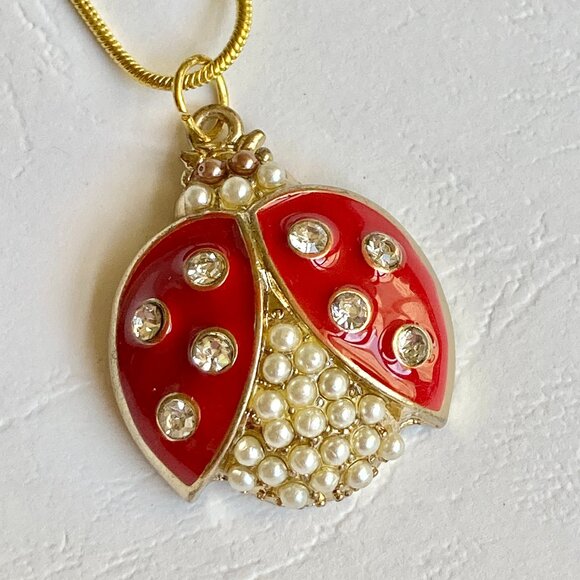 Crystal Ladybug Necklace Gold Plated 16-18" Chain Insect Red Enamel Pearl - Picture 3 of 8